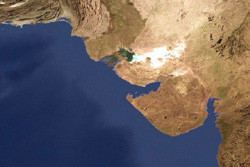 Satellite view of the Indus River delta and surrounding coastline in Pakistan and India